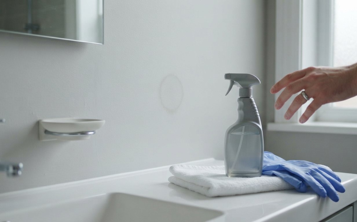 Bathroom counter with gloves and cleaning supplies near a wall stain
