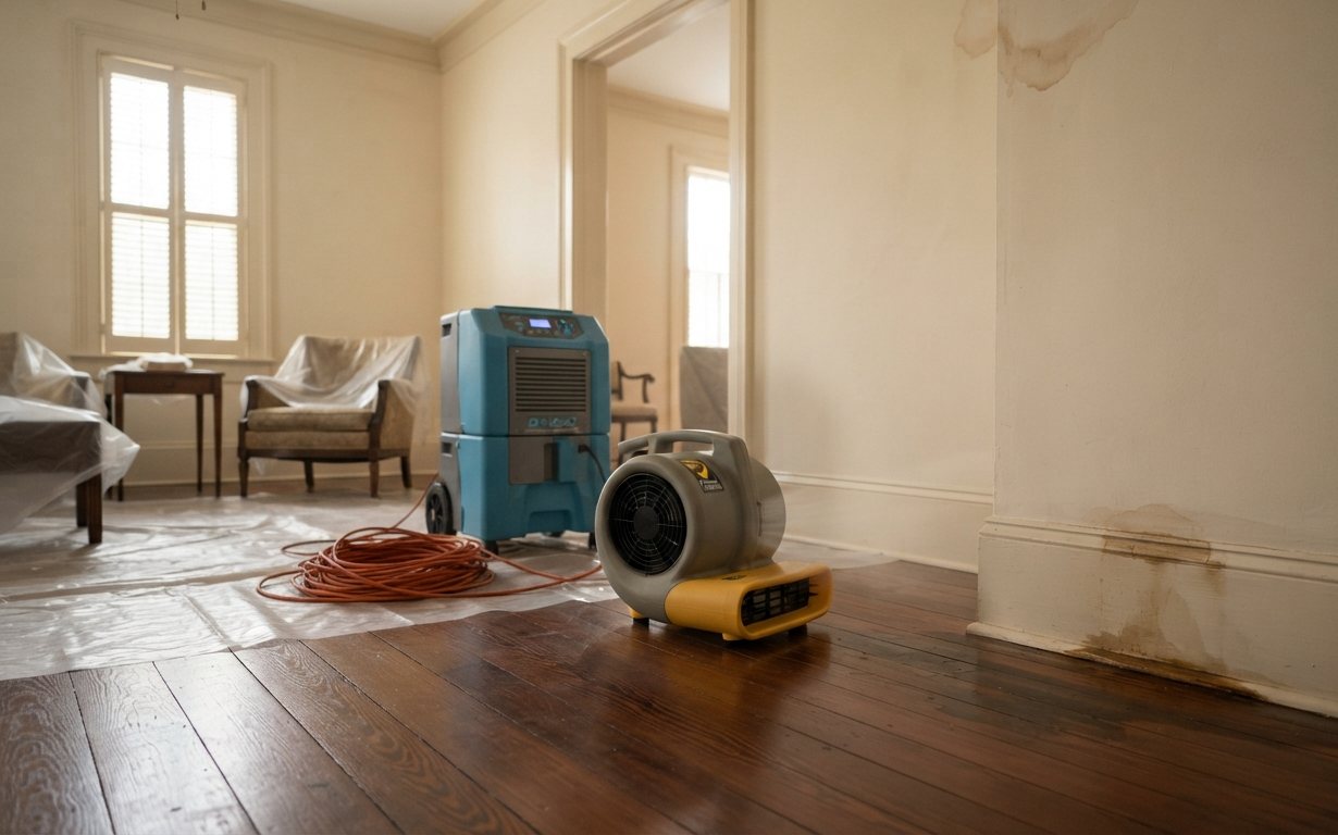 Drying and dehumidification equipment beside water-stained walls in a New Orleans property